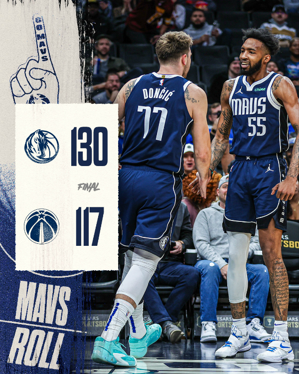 NBA常规赛:独行侠130-117大胜奇才,东契奇26分7板10助,欧文因伤缺阵