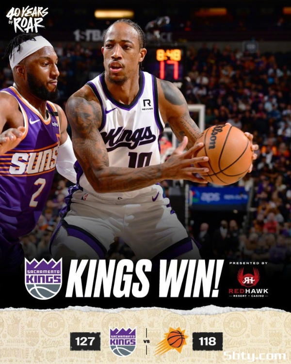 NBA常规赛:国王加时127-118战胜太阳,德罗赞34分,比尔28分8板布克23分12助