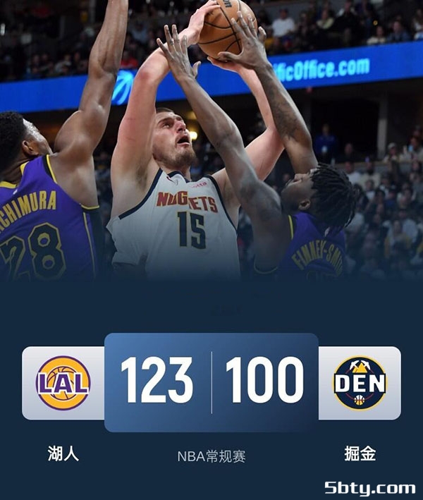 NBA常规赛：湖人123-100掘金 东契奇32+10+7，詹姆斯25+9，约基奇7中2