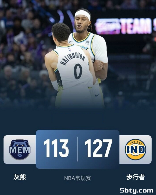 NBA常规赛：步行者127-113战胜灰熊，哈利伯顿22+9+5，贝恩23+5+7