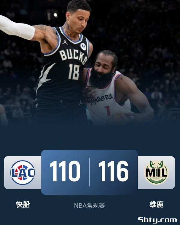 NBA常规赛：雄鹿116-110战胜快船，字母哥23+8，哈登下卡空砍49分