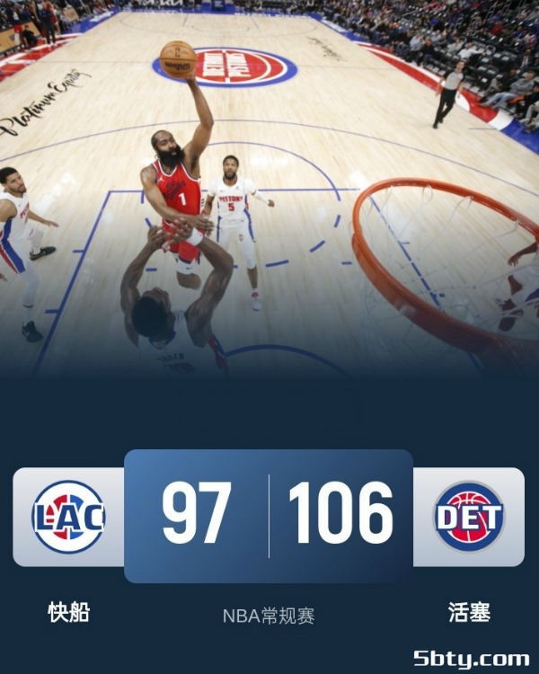 NBA常规赛：活塞106-97胜快船获7连胜，康宁汉姆32+9+7，哈登18+12