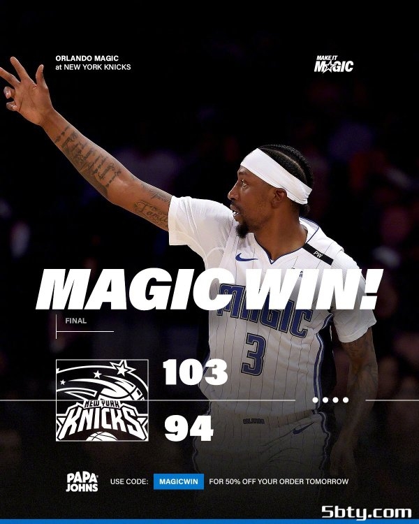 NBA常规赛：魔术103-94击败尼克斯，安东尼24+7，布伦森24+4