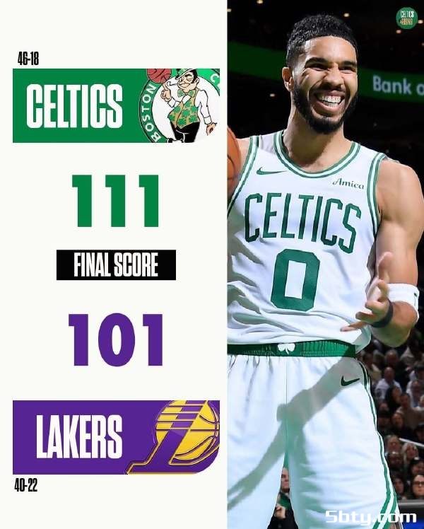 NBA常规赛：绿军111-101战胜湖人，塔图姆40+12+8，詹姆斯22+14+9