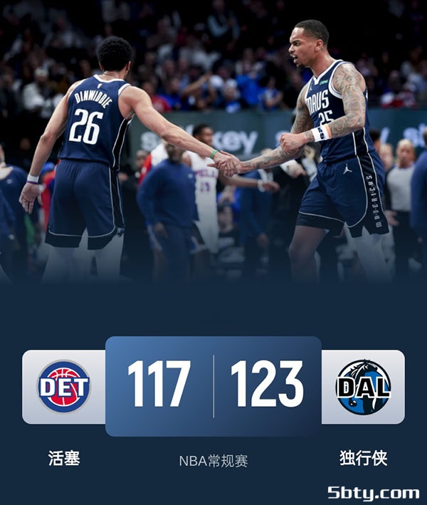 NBA常规赛：独行侠123-117活塞 康宁汉姆35+7+6，丁威迪31+7、克莱20+5